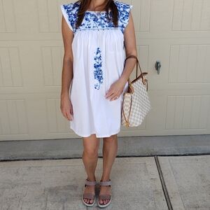Mi Golondrina "Cielo Mexicano" Blue/White Embroidery Short Dress Size XL